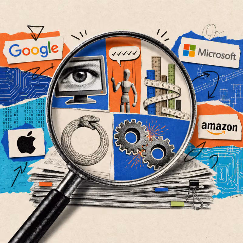 A magnifying glass shows five excerpts from a stack of academic papers: an eye blinking from a screen, a puppet with a speech bubble full of approval checkmarks, a measuring tape wound around differently long measuring sticks, a paper snake made of text lines biting its own tail, and two interlocking, sparking gears.