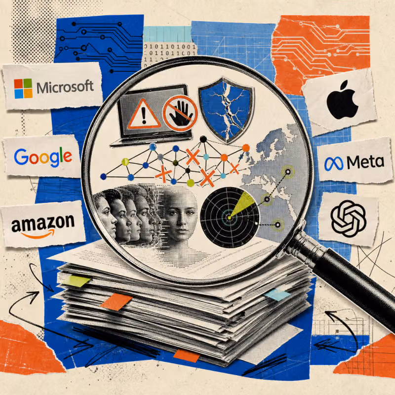 A magnifying glass hovers over a stack of academic papers, from which five symbols protrude: a laptop with an ignored warning sign, a cracked guardian shield, a network with crossed-out connections, several faces merging into an average face, and a radar search cone over a map.