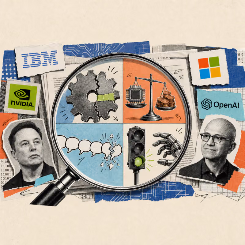 A magnifying glass enlarges four details from a stack of scientific papers: a self-repairing gear with a hidden crack, a scale between a computer chip and cent coins, a chain of speech bubbles with a breaking eighth link, and a traffic light in front of a grasping robotic hand.