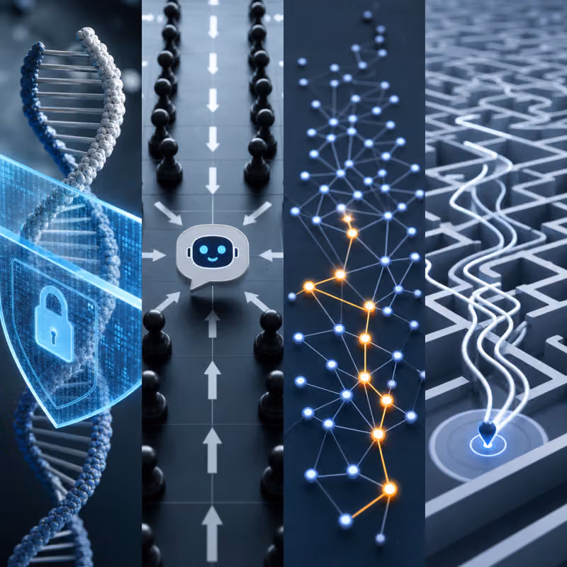 Four abstract research symbols side by side: a DNA double helix crossed by a digital security barrier, a grid of arrows targeting a chatbot avatar, a neural network with highlighted activation paths, and a maze of converging search paths
