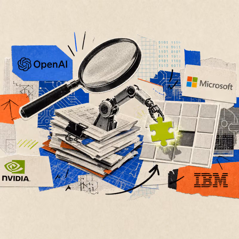 A magnifying glass hovers over a stack of academic papers, from which a robotic arm places a glowing puzzle piece into a flawless grid of squares.