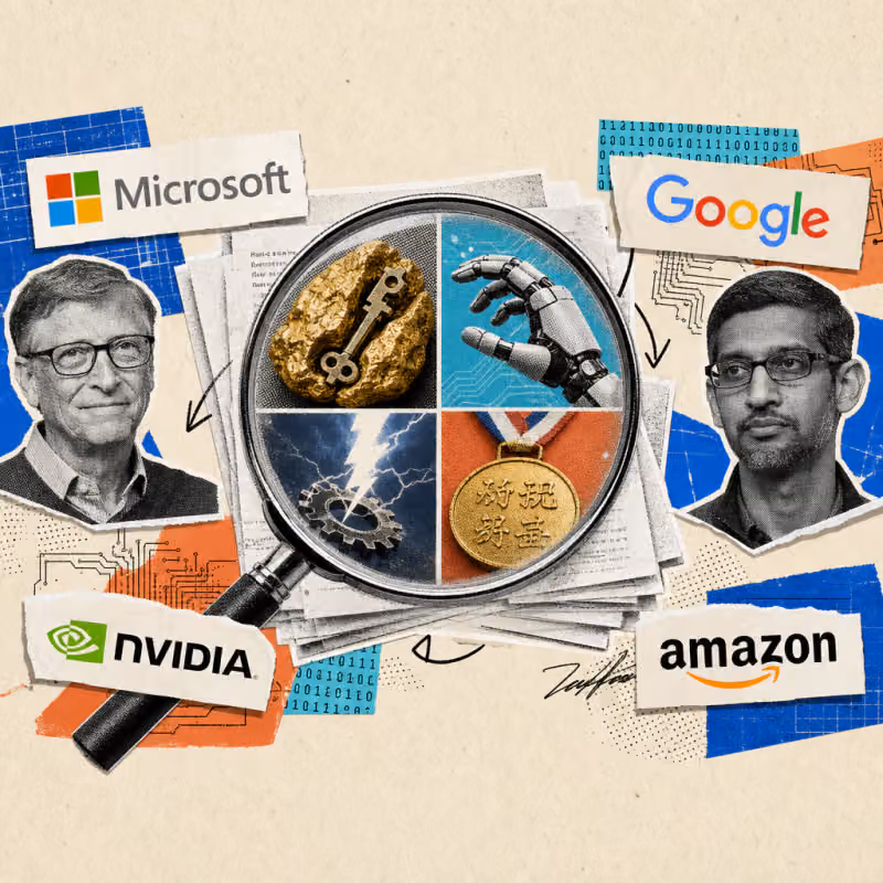 A magnifying glass enlarges four details from a stack of scientific papers: a gold-glimmering lump with a broken key inside, a probing robotic hand without a guiding line, a lightning bolt over a gear, and a gold medal with foreign characters.