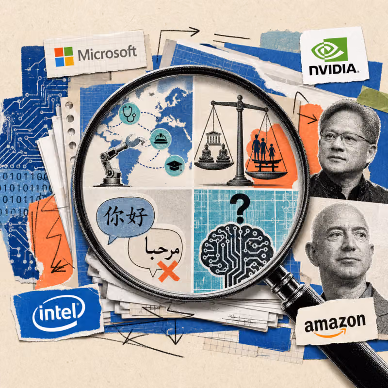 A magnifying glass shows four excerpts from a stack of academic papers: a world map with highlighted job symbols and a robotic hand, a scale with different cultural symbols, two speech bubbles with different characters and a red error cross, and a brain circuit symbol with question marks.