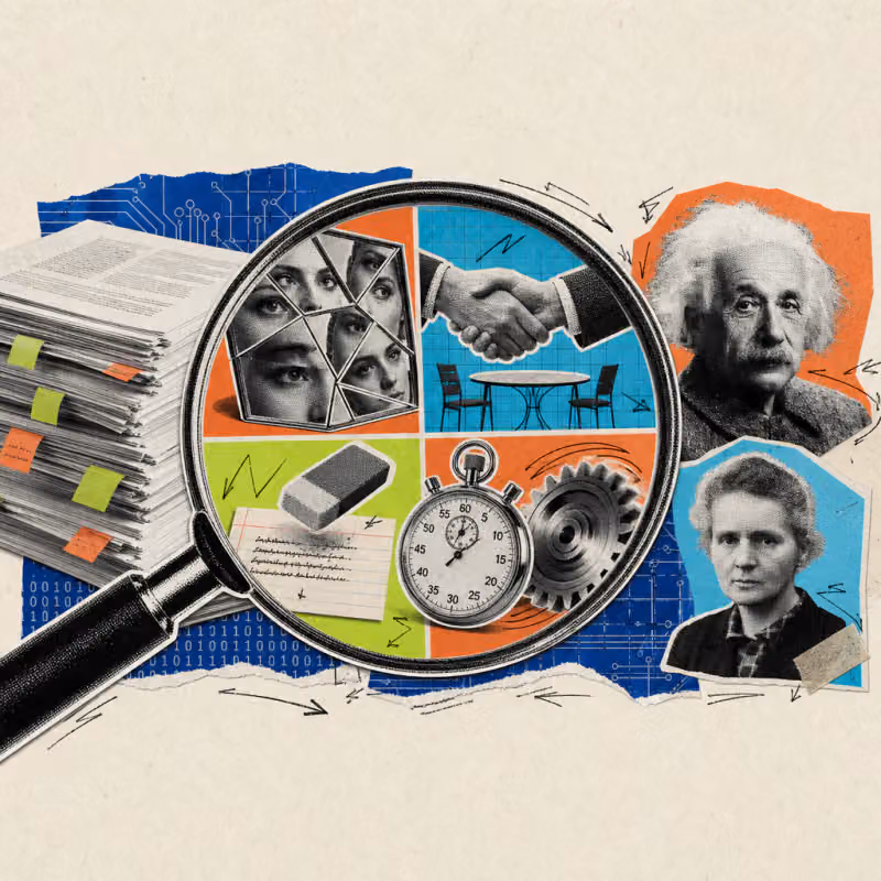 A magnifying glass enlarges four details from a stack of scientific papers: a mirror with contradictory reflections, two hands shaking over a negotiation table, an eraser over a stubborn index card, and a stopwatch next to a rotating gear.