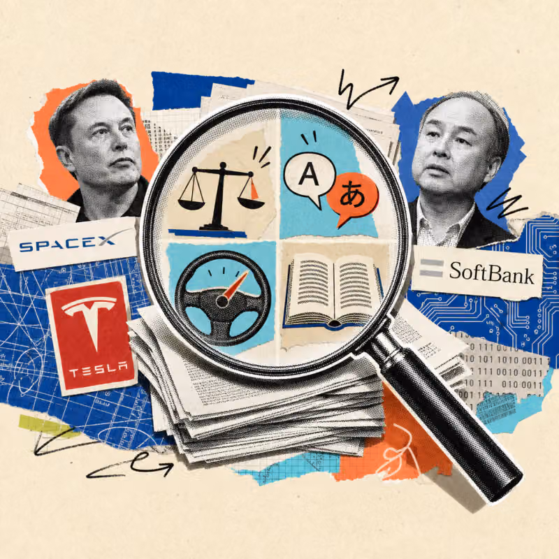 A magnifying glass enlarges four details from a stack of scientific papers: a tipping scale, a speech bubble with Latin and Japanese characters, a steering wheel with a speedometer needle, and an open book with identical line patterns.
