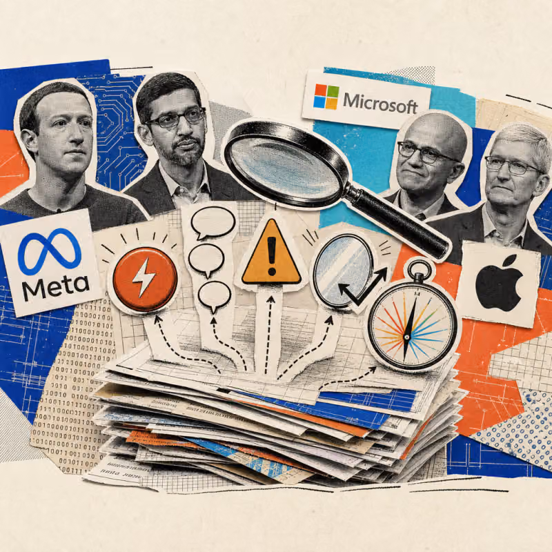 A magnifying glass hovers over a stack of research papers, from which four symbols emerge: a red button with a lightning bolt, a chain of speech bubbles leading into a warning triangle, a mirror deflecting an arrow, and a compass with many colorful needles converging into one