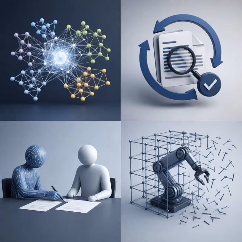 Four symbolic scenes side by side: a network diagram with a highlighted common subspace core, a recursive research agent in front of a verification loop, an AI teacher silhouette prematurely reaching into a student silhouette's task sheet, and a training scaffold wrapping around an agent symbol while being partially dismantled