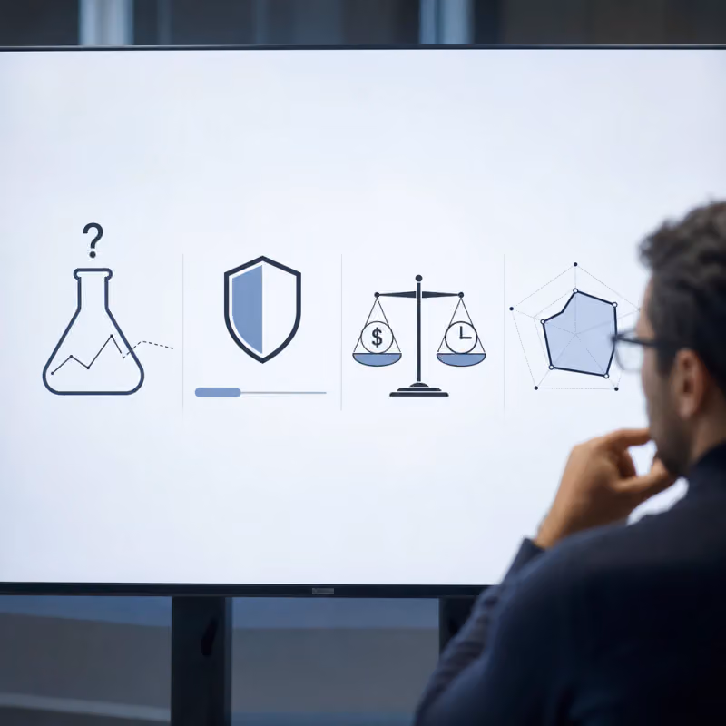 Four abstract geometric symbols for AI research: a laboratory flask with a question mark above an unfinished diagram line, a shield in front of a highlighted first line of text, a scale between a coin and a clock, and a radar chart with a shifted contour.