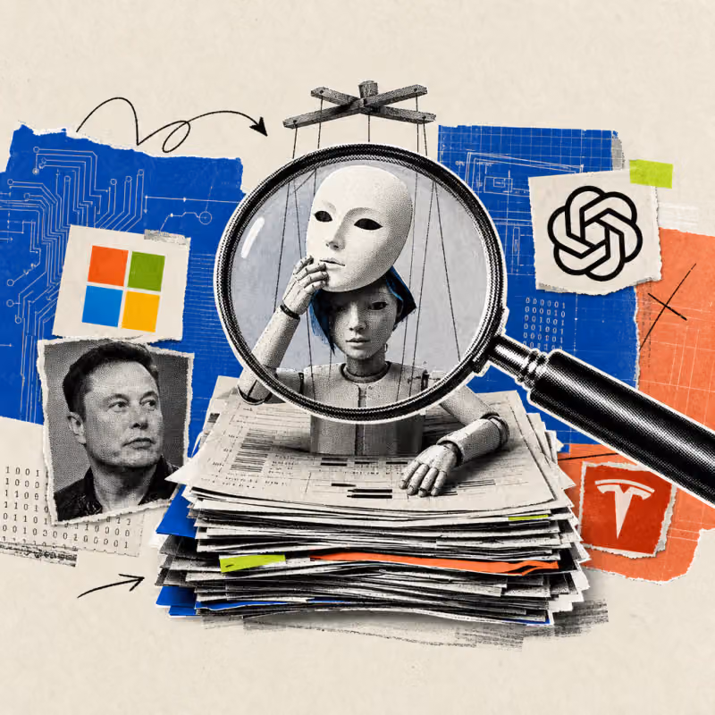 A magnifying glass hovers over a stack of scientific papers, from which a puppet with a smooth mask emerges, revealing a second, hidden face underneath.