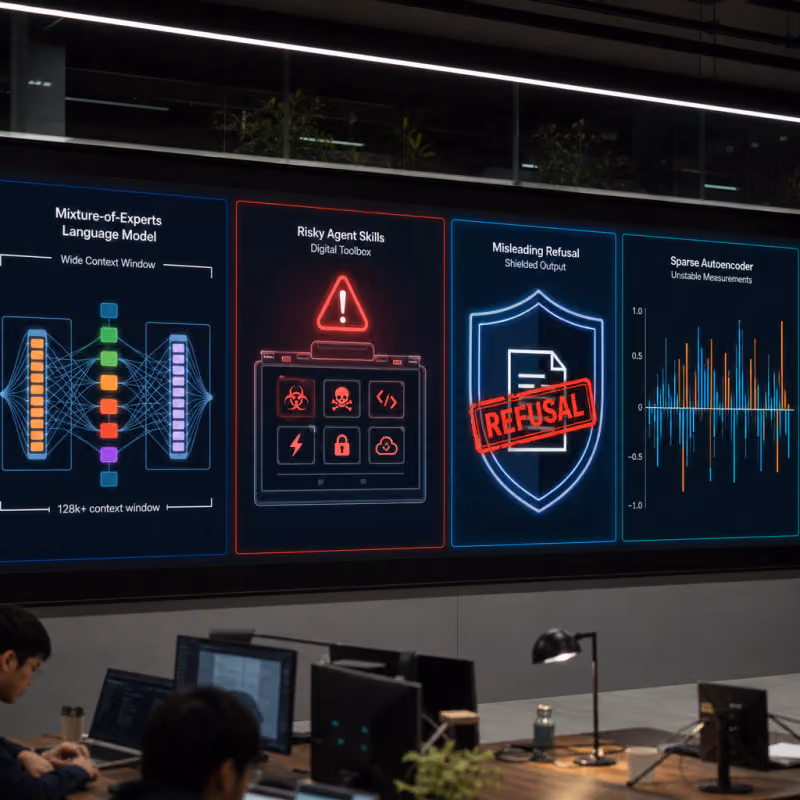 Four symbolic scenes side by side: a mixture-of-experts language model with a widely opened context window, an agent symbol in front of a risky toolbox, a shield with a misleading refusal stamp, and a diagram with fluctuating interpretability measurement bars