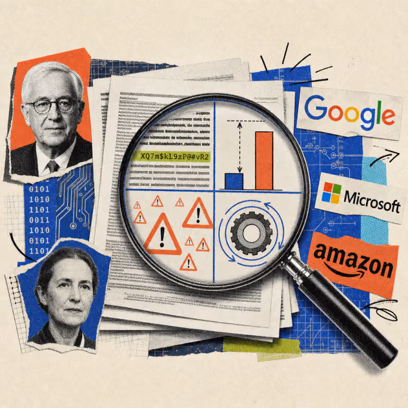 A magnifying glass enlarges four details from a stack of scientific papers: encrypted letters hidden between normal text lines, two widely diverging bars over the same metric, a grid of small warning triangles of different sizes, and a gear that rotates multiple times through the same ring.