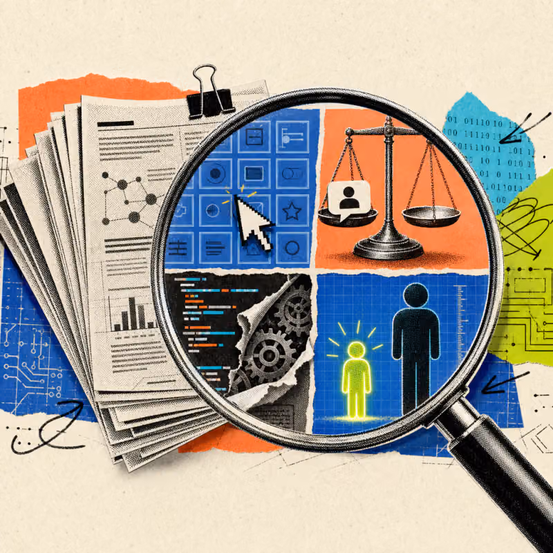 A magnifying glass shows four excerpts from a stack of academic papers: a hesitant mouse pointer over a grid of controls, a scale with a self-label on one side, a disassembled code block with visible gears, and a small glowing figure reaching the same height as a larger one.