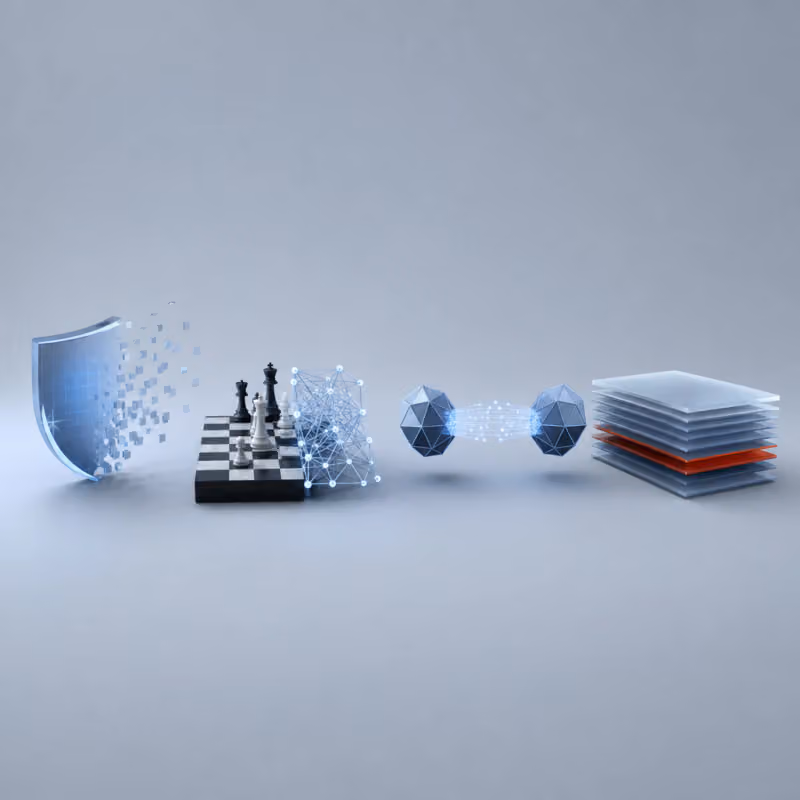 Four abstract research symbols side by side: a dissolving digital watermark, a chessboard merged with a neural network, two nodes communicating via compressed light signals, and a stack of documents with an outdated layer