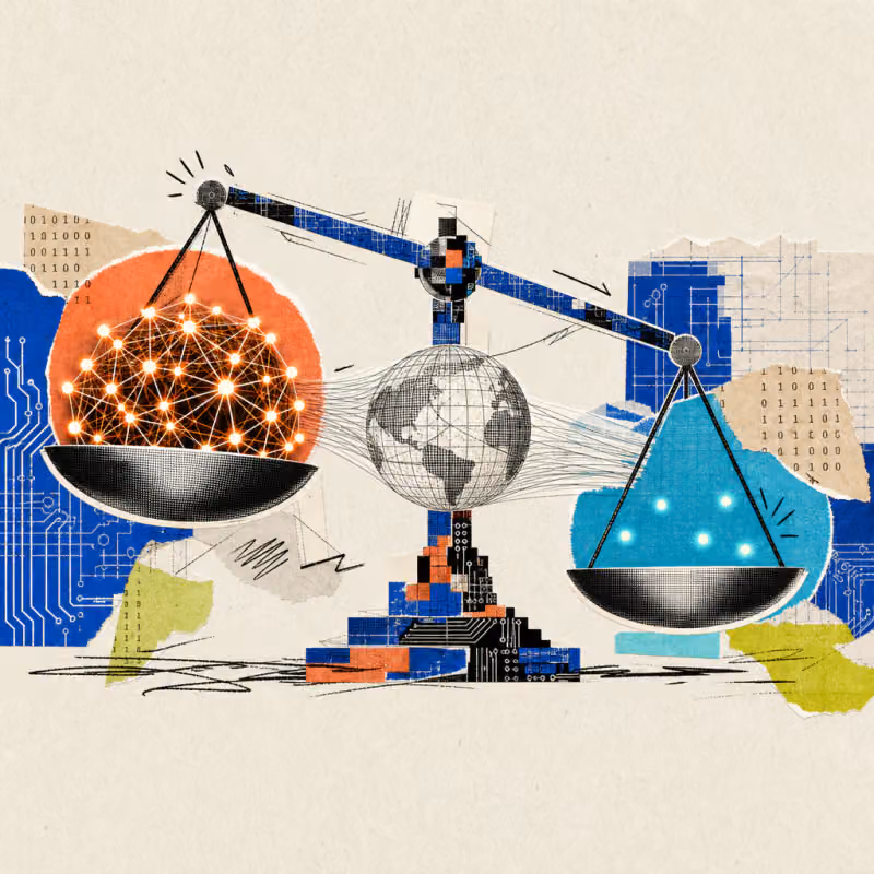 A scale balances a densely connected, glowing data sphere against a few scattered light points, with a globe made of fine lines hanging in between.