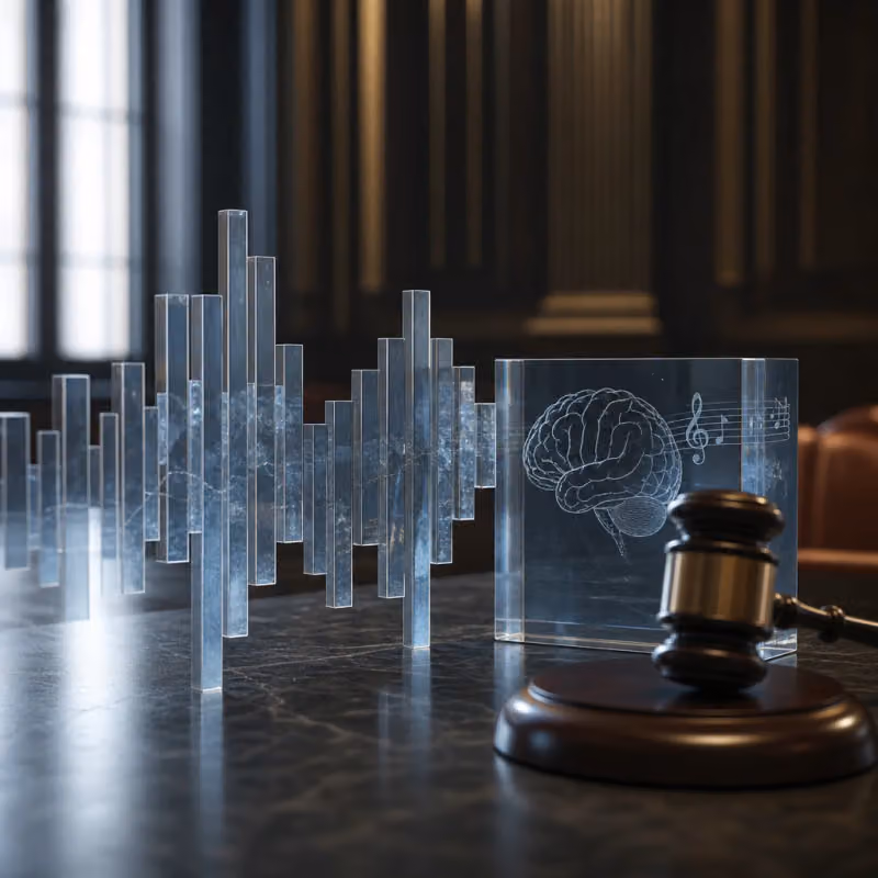 Abstract geometric illustration of a gavel and stylized sound waves made of glass and marble, symbolizing a legal dispute over AI-generated music