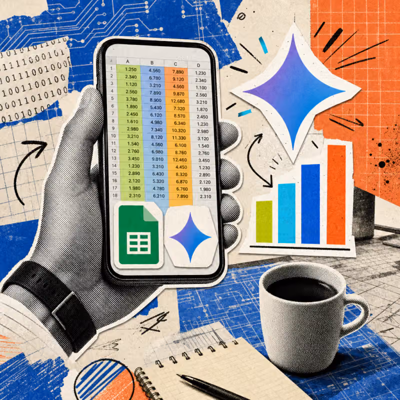 A hand in an office holds a smartphone showing an open Google Sheets table, next to a sparkling Gemini icon that turns into a bar chart