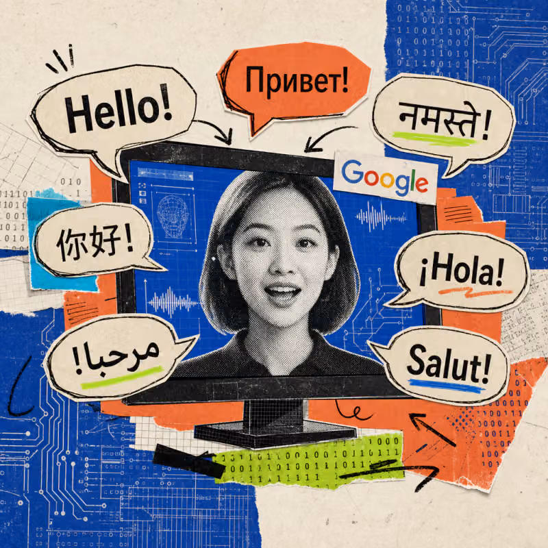 A screen shows a smiling AI video avatar with moving lips, surrounded by speech bubbles in different writing systems, with a Google logo sticker on the screen bezel