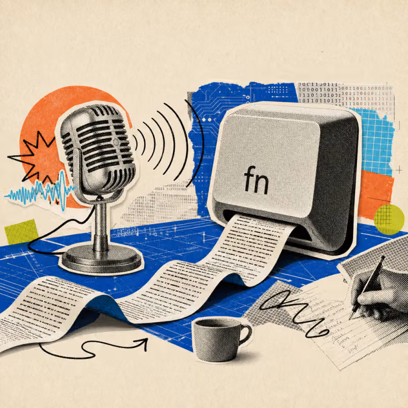 A retro microphone sends sound waves toward an oversized fn key with a long paper ribbon of text lines rolling out of it; beside them a coffee cup and a writing hand