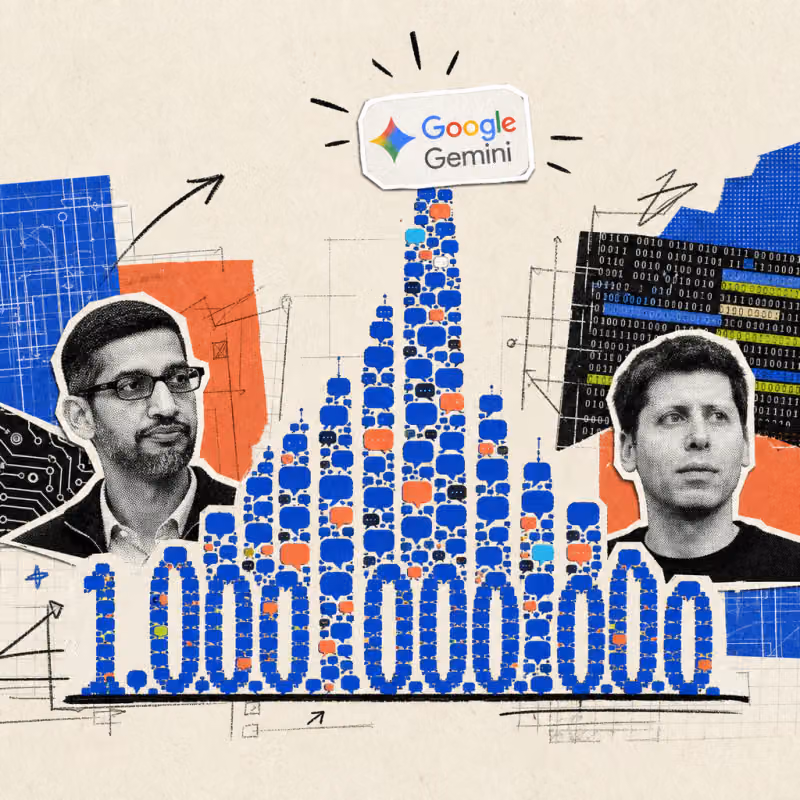 A tower made of countless speech-bubble icons rises to form the number 1,000,000,000, topped by the logo of the Google app Gemini.