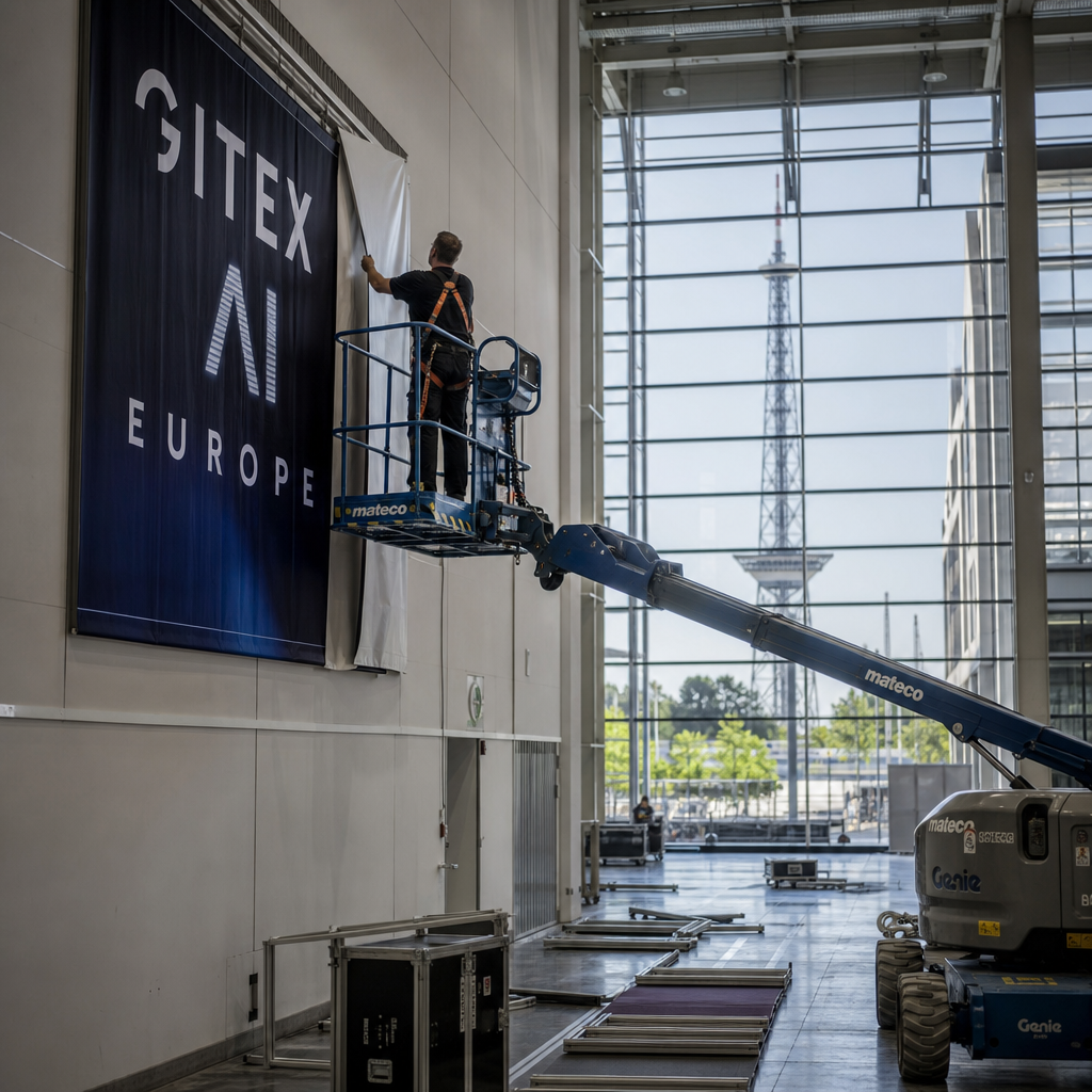 Photorealistic depiction: in an empty Berlin exhibition hall, a technician on a lift removes a banner reading "GITEX AI Europe"; the Berlin radio tower is visible in the background.