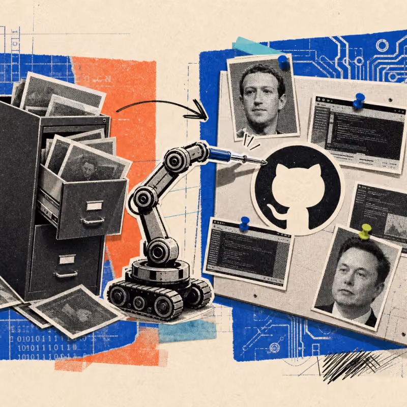A robotic arm pins rasterized photo screenshots to a public bulletin board with the GitHub logo, while a broken-open filing cabinet spills more photos in the background.
