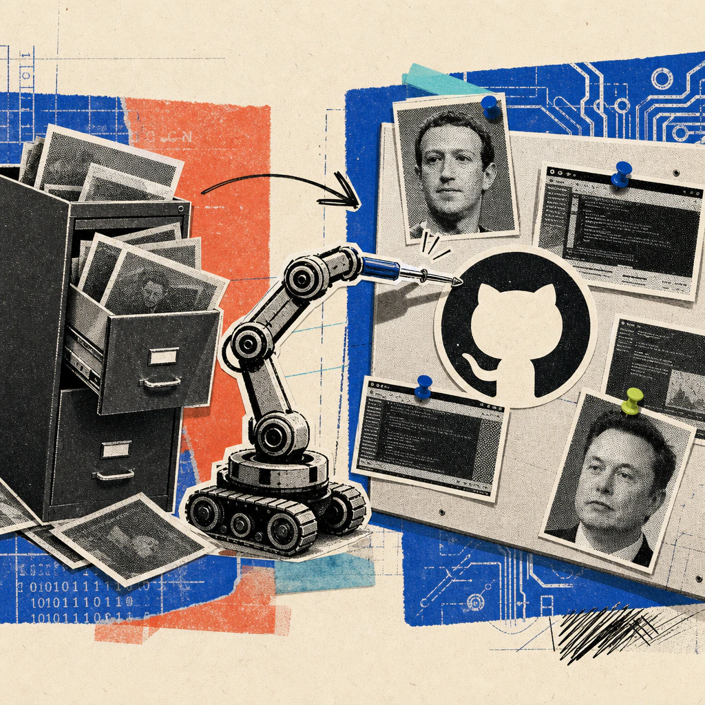 A robotic arm pins rasterized photo screenshots to a public bulletin board with the GitHub logo, while a broken-open filing cabinet spills more photos in the background.