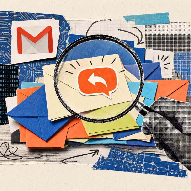 A magnifying glass lifts a glowing answer speech bubble out of a stack of colorful envelopes, next to a sticker with the red Gmail logo.