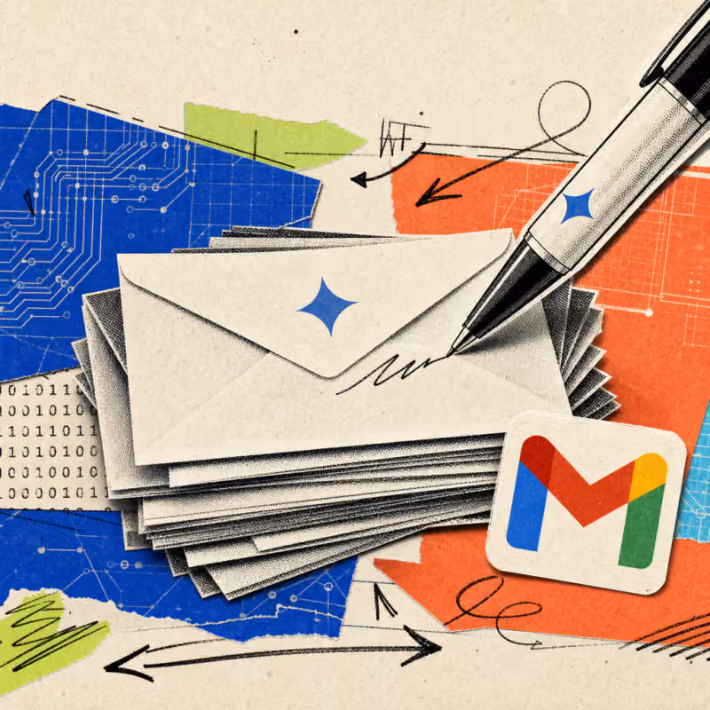 A stack of envelopes with an identical template icon sits on a desk, a pen bearing a Gemini star icon is finishing the top envelope, and a Gmail logo sticker is stuck beside it.