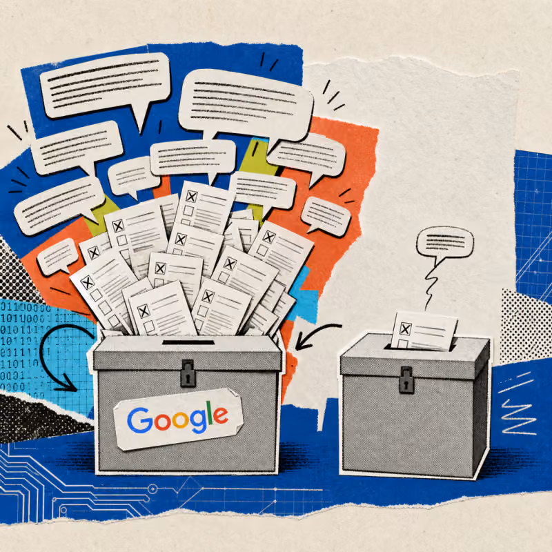 A Google logo sticker is affixed to a ballot paper, from which speech bubbles of varying size grow over two ballot boxes – one overflowing, the other nearly empty.