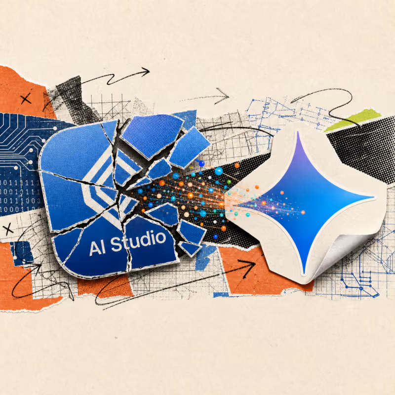 A cracked smartphone app icon labeled AI Studio next to a glossy Gemini star sticker, with colorful light dots flowing from the broken icon into it