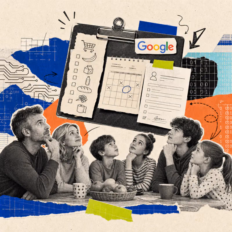 A family stands at the kitchen table under a floating clipboard with a shopping list, calendar page, registration form, and a Google logo sticker.