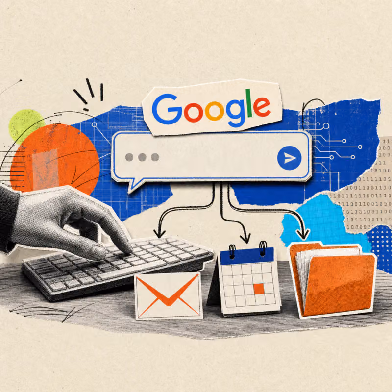 A hand types on a desk keyboard into a floating chat input field with a Google logo sticker, with lines leading to an email icon, a calendar page, and a file folder.