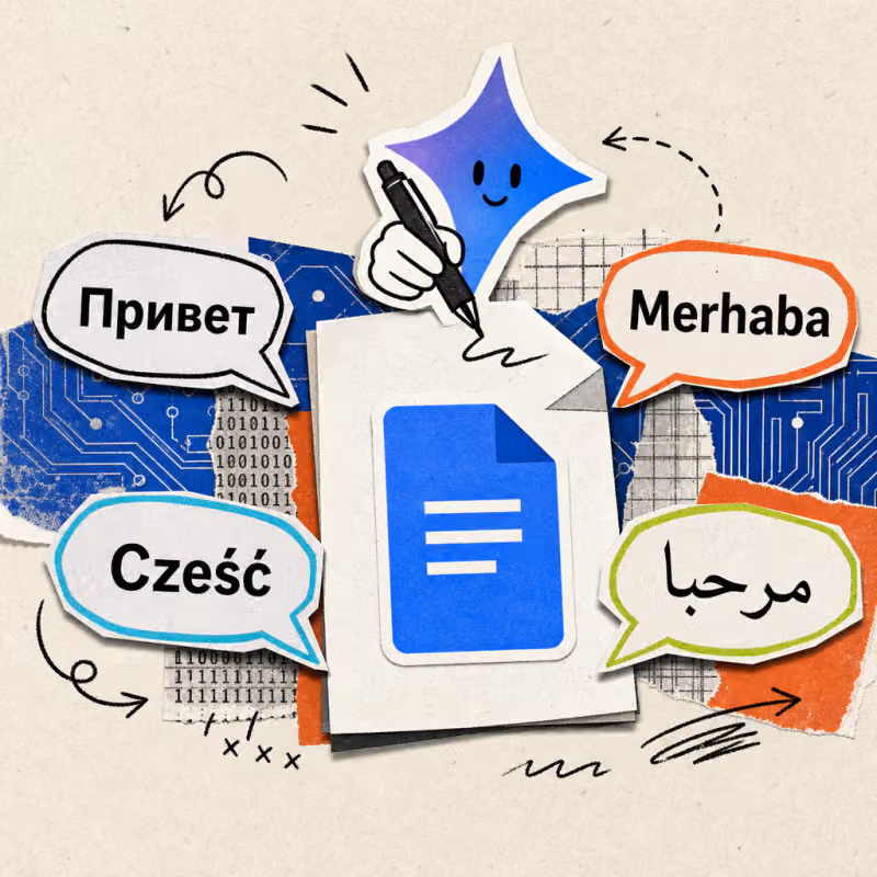 A document icon with a Google Docs logo sticker, surrounded by speech bubbles containing Cyrillic, Turkish, Polish, and Arabic script, with a Gemini star sticker holding a pen above it