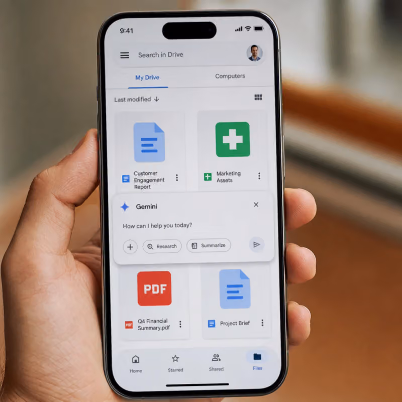 Smartphone showing the Google Drive app with a Gemini answer panel above document icons.