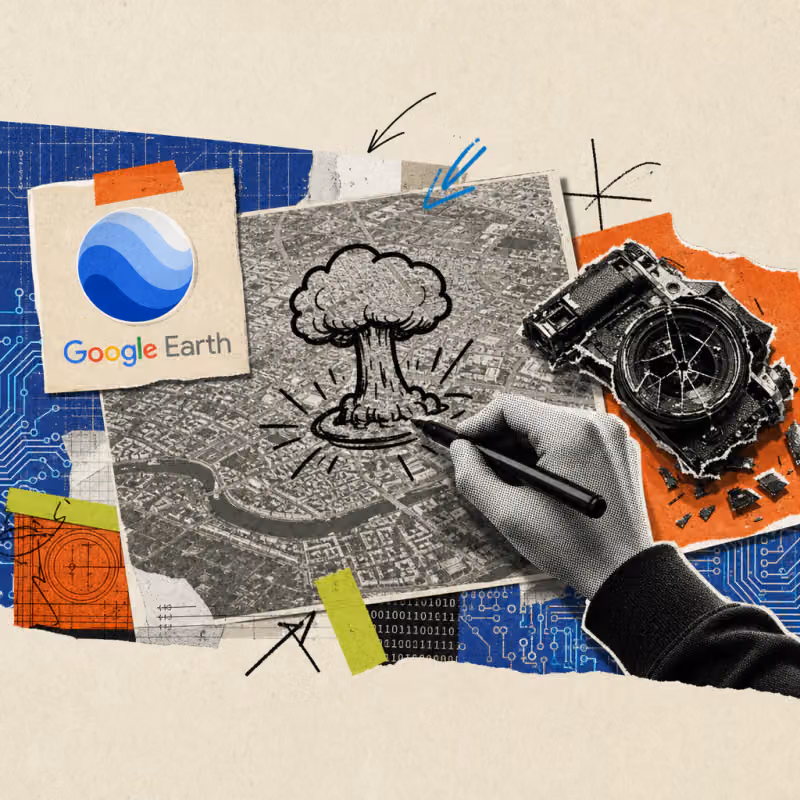 A hand draws an explosion cloud with a marker onto an aerial photo of a city; next to it a broken camera and a sticker with the Google Earth logo