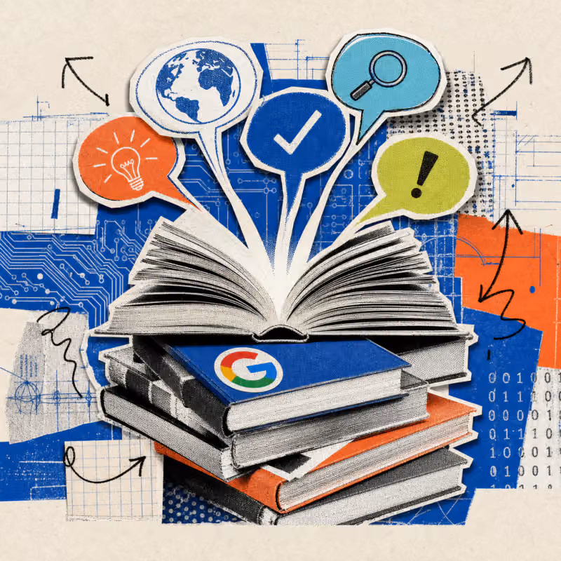 A stack of open books with glowing speech bubbles above the pages, with a Google logo sticker on the top book cover.