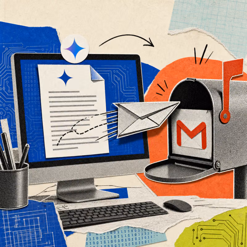 A paper airplane shaped like an envelope, marked with a small Gemini star icon, flies out of a document on a screen straight into an open email inbox icon beside it.