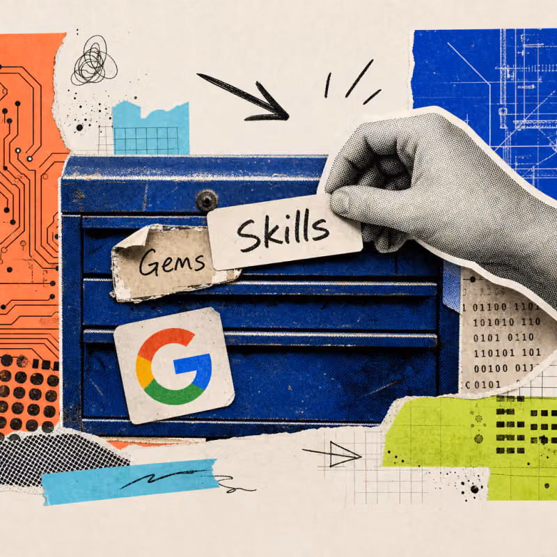 A hand sticks a "Skills" label over the old "Gems" label on a toolbox that also carries a Google logo sticker.