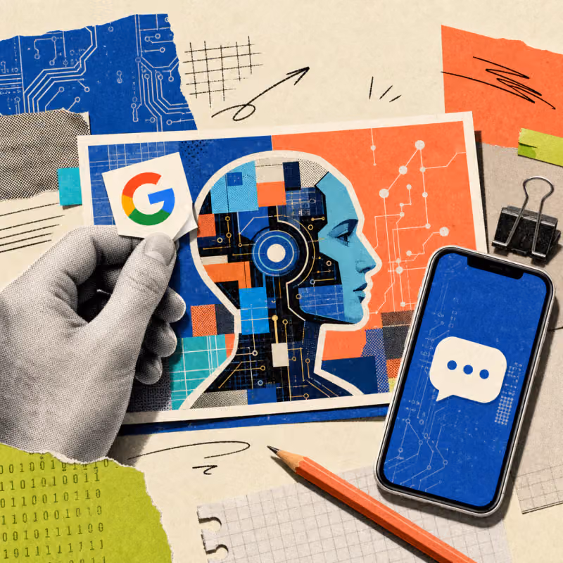 A hand peels a sticker with the Google logo off the corner of a printed AI-generated image on a desk, next to a smartphone showing a chat speech bubble.