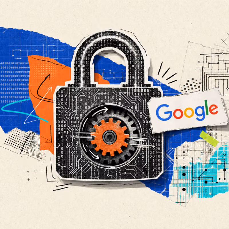 A padlock made of binary digits encloses a rotating gear, next to it a Google logo sticker – symbolizing computations on encrypted data.