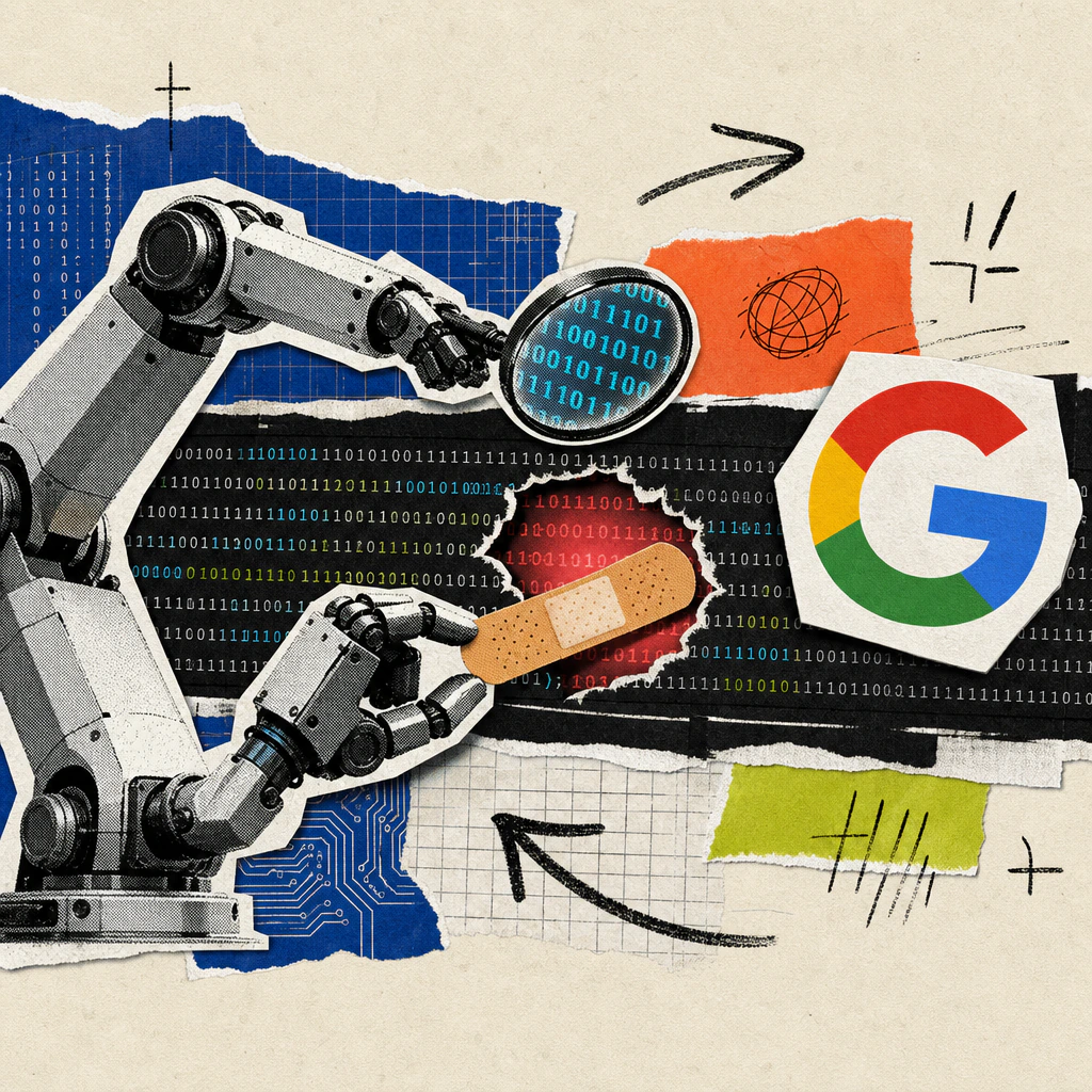A robotic arm with a magnifying glass examines lines of code and applies a patch to a glowing red security vulnerability, next to a Google logo sticker.
