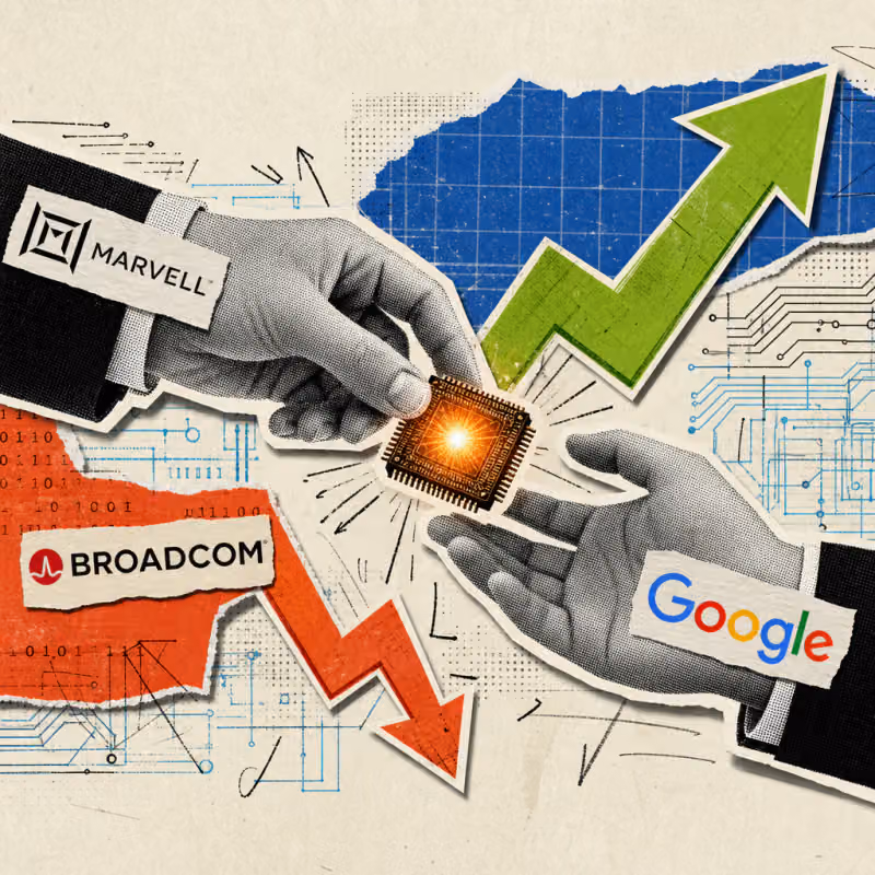 A hand with a Marvell logo hands a glowing microchip to a hand with a Google logo, with a green upward stock arrow and a smaller Broadcom logo next to a red downward arrow in the background.