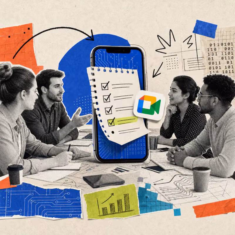 A smartphone is standing upright on a meeting table between speaking colleagues, a note with checked tasks and a Google Meet logo sticker appears on the screen.