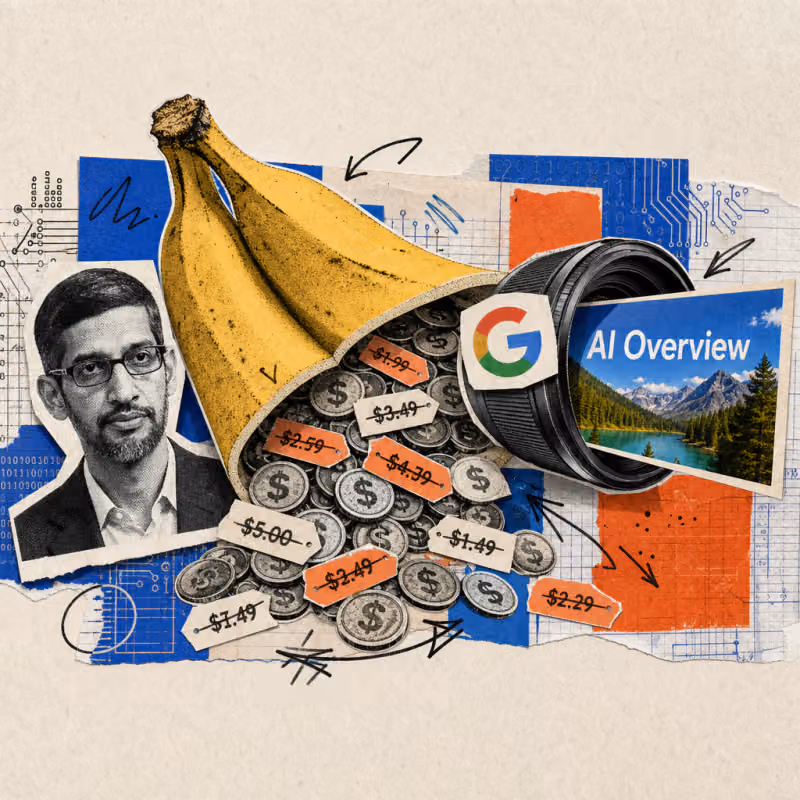 A sliced banana with a Google logo sticker, from which coins with a crossed-out, halved price tag fall, next to a sharply rendered image with readable text protruding from a camera lens.