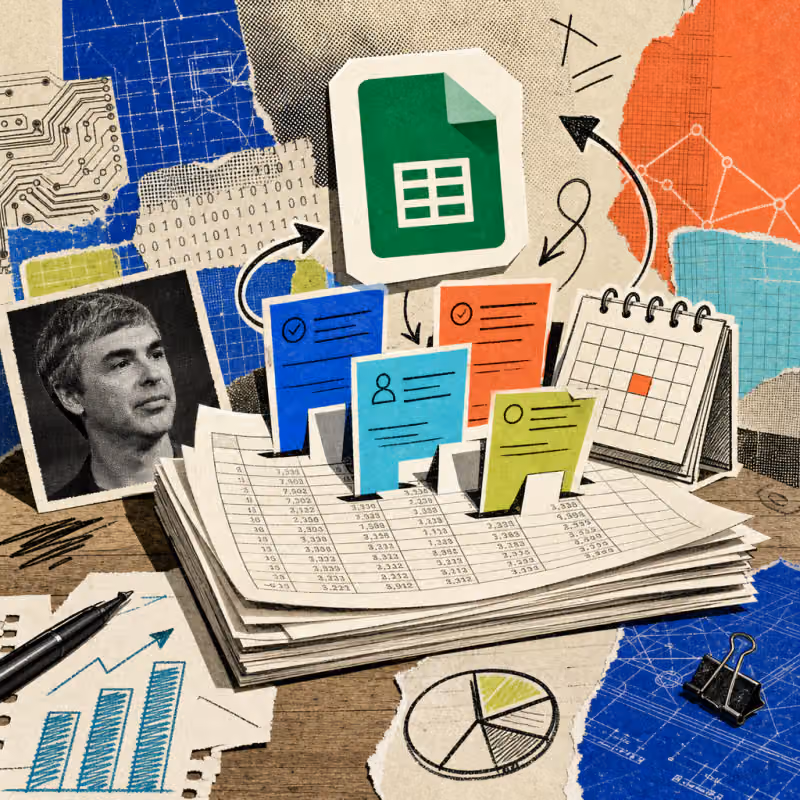 On a desk, colorful Kanban cards and a small calendar page rise up out of a printed spreadsheet, with a Google Sheets logo sticker next to them.