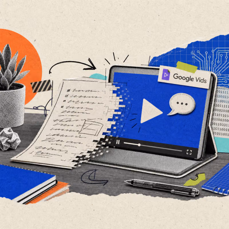 On a desk, a handwritten sheet of paper turns into a small video screen with a play triangle and a speech bubble, with a Google Vids logo sticker on it.