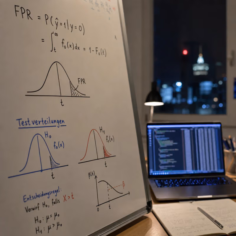 Handwritten statistical formulas and a bell curve on an illuminated whiteboard, with a laptop screen showing code in the blurred background