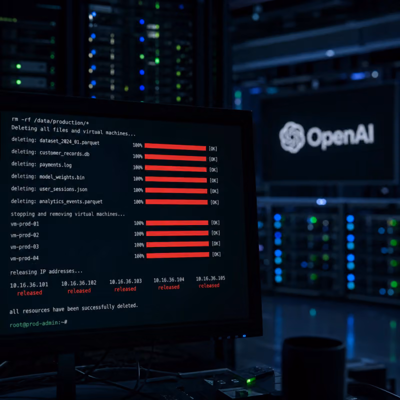 A server room at night with a terminal screen in the foreground showing a deletion operation running on virtual machines