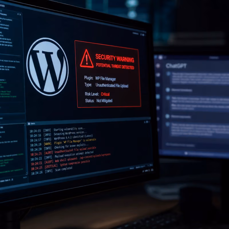 Monitor with WordPress logo, red security warning, and terminal code lines in a cybersecurity analysis room, with a blurred AI chat interface in the background.