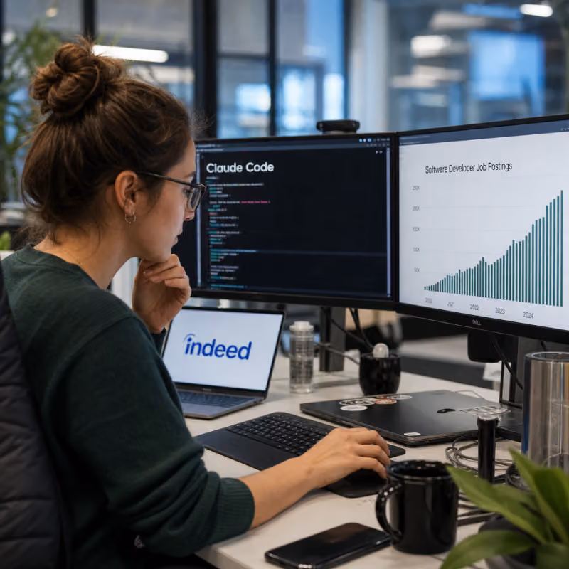 Software developer sitting in front of several monitors showing code and a bar chart about job postings
